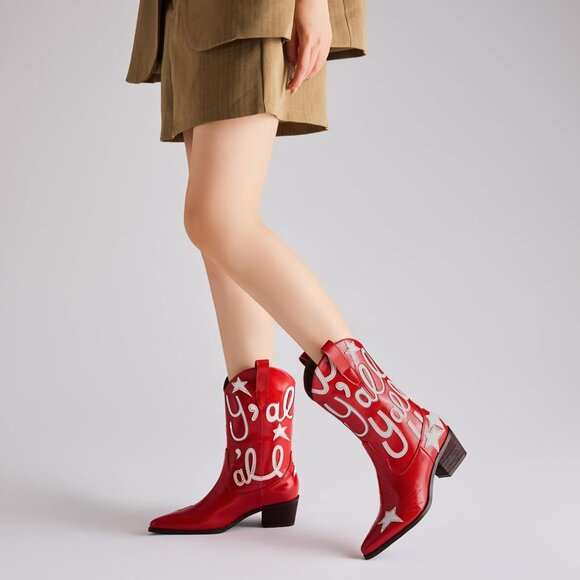 ⚡Women's Red Embroidered Mid Calf Cowgirl Boot Western Pointed Toe Chunky Heel - Picture 6 of 6